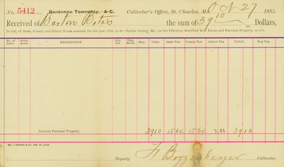 Impuestos evaluados para el año 1885 en el condado de St. Charles de Frank Bizzenberger